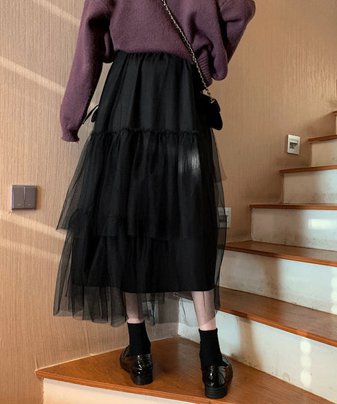 ティアードスカートロングチュールスカート レディース リボン付きスカート ランダムティアードスカート ふんわりミモレ丈スカート 大人可愛いフレアスカート春夏韓国風 6HMEIX-002