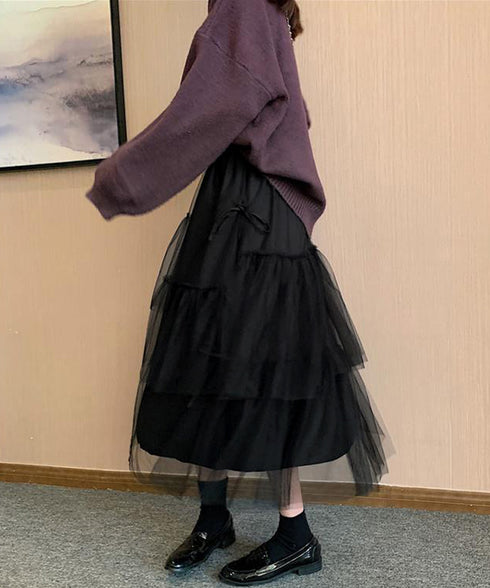 ティアードスカートロングチュールスカート レディース リボン付きスカート ランダムティアードスカート ふんわりミモレ丈スカート 大人可愛いフレアスカート春夏韓国風 6HMEIX-002