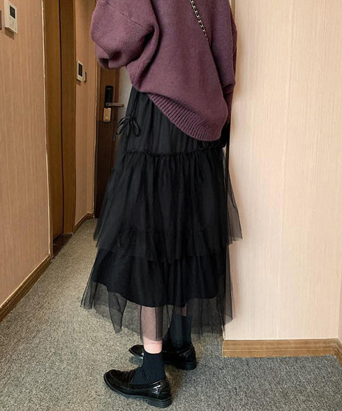 ティアードスカートロングチュールスカート レディース リボン付きスカート ランダムティアードスカート ふんわりミモレ丈スカート 大人可愛いフレアスカート春夏韓国風 6HMEIX-002