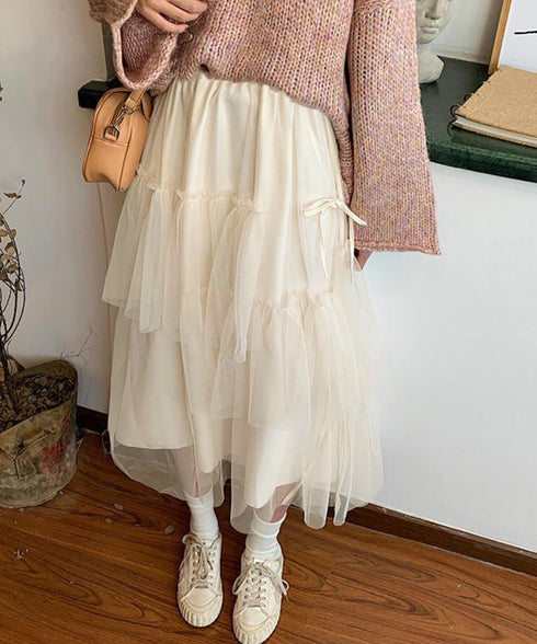 ティアードスカートロングチュールスカート レディース リボン付きスカート ランダムティアードスカート ふんわりミモレ丈スカート 大人可愛いフレアスカート春夏韓国風 6HMEIX-002
