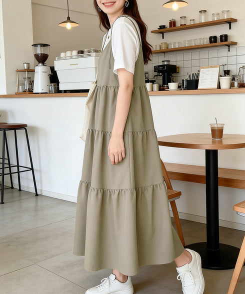ティアードキャミワンピース重ね着ロング丈 Aラインワンピースレディース 体型カバー ショルダーリボンロングワンピ ゆったり 大人カジュアル サロペットスカート無地 6HPFS-001