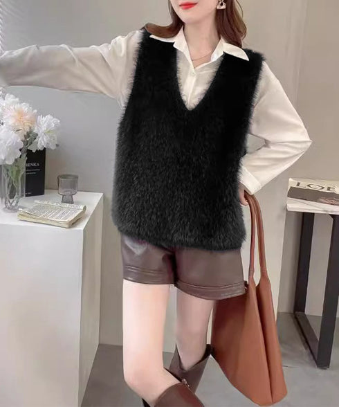 Vネック起毛フェザーニットベストふわふわ シャギーニットベストレディース ノースリーブトップスきれいめ オフィスカジュアル春秋冬重ね着 柔らかいニットジレ 着やせ 6HUANYI-001