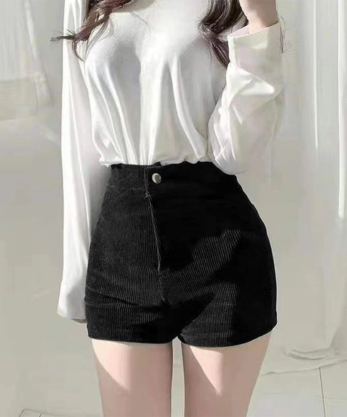コーデュロイショートパンツ秋冬短パン脚長 韓国風ショーパン レディース ハイウエスト盛れるミニ丈パンツ 着やせ スタイルアップ おしゃれボトムス美脚大人カジュアル 6JIANJI-001