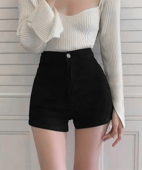 コーデュロイショートパンツ秋冬短パン脚長 韓国風ショーパン レディース ハイウエスト盛れるミニ丈パンツ 着やせ スタイルアップ おしゃれボトムス美脚大人カジュアル 6JIANJI-001
