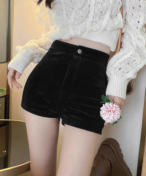 コーデュロイショートパンツ秋冬短パン脚長 韓国風ショーパン レディース ハイウエスト盛れるミニ丈パンツ 着やせ スタイルアップ おしゃれボトムス美脚大人カジュアル 6JIANJI-001