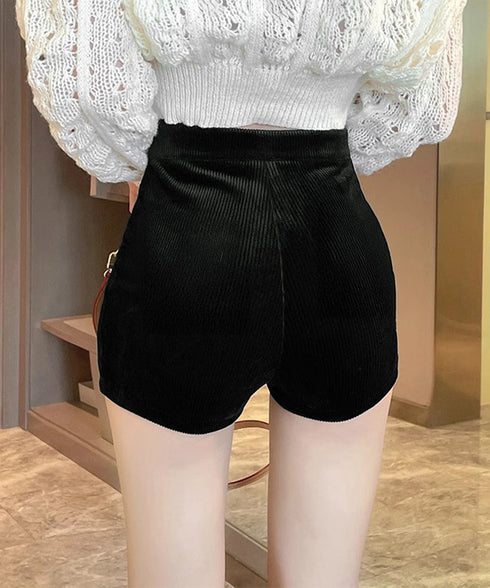 コーデュロイショートパンツ秋冬短パン脚長 韓国風ショーパン レディース ハイウエスト盛れるミニ丈パンツ 着やせ スタイルアップ おしゃれボトムス美脚大人カジュアル 6JIANJI-001