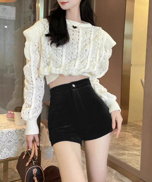 コーデュロイショートパンツ秋冬短パン脚長 韓国風ショーパン レディース ハイウエスト盛れるミニ丈パンツ 着やせ スタイルアップ おしゃれボトムス美脚大人カジュアル 6JIANJI-001