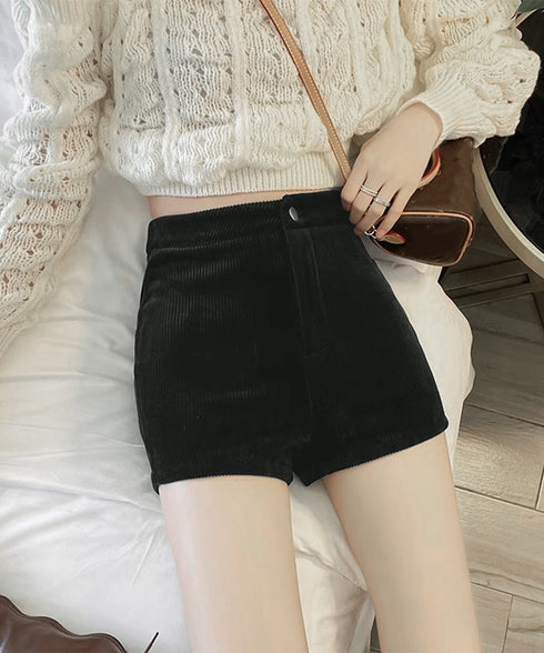 コーデュロイショートパンツ秋冬短パン脚長 韓国風ショーパン レディース ハイウエスト盛れるミニ丈パンツ 着やせ スタイルアップ おしゃれボトムス美脚大人カジュアル 6JIANJI-001