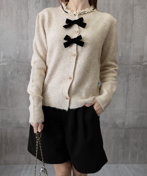 襟レースニットカーディガンリボントップス ハートボタン ガーリーニットトップス長袖 ショート丈秋冬ニットセーター 襟フリルゴールドボタンニット羽織り 丸首 レトロ 6JINGHAN-001