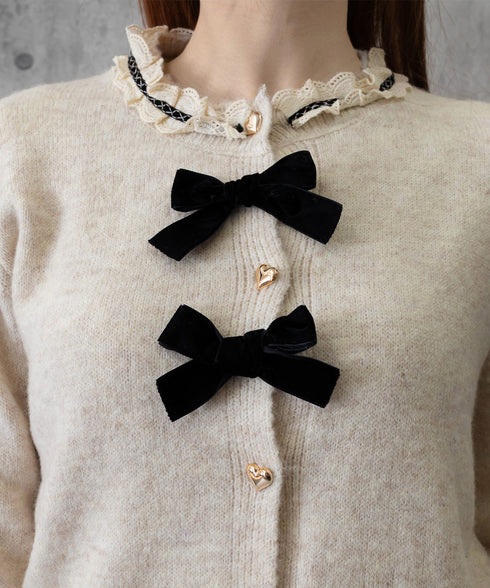 襟レースニットカーディガンリボントップス ハートボタン ガーリーニットトップス長袖 ショート丈秋冬ニットセーター 襟フリルゴールドボタンニット羽織り 丸首 レトロ 6JINGHAN-001