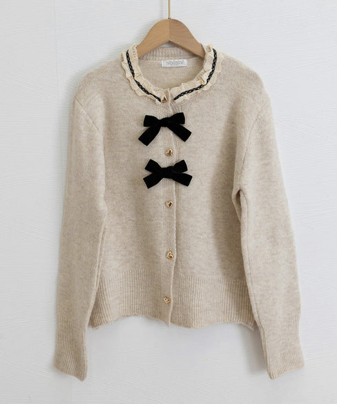 襟レースニットカーディガンリボントップス ハートボタン ガーリーニットトップス長袖 ショート丈秋冬ニットセーター 襟フリルゴールドボタンニット羽織り 丸首 レトロ 6JINGHAN-001