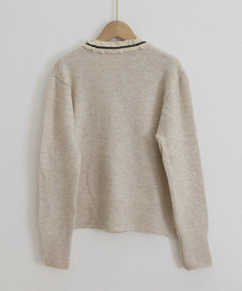 襟レースニットカーディガンリボントップス ハートボタン ガーリーニットトップス長袖 ショート丈秋冬ニットセーター 襟フリルゴールドボタンニット羽織り 丸首 レトロ 6JINGHAN-001