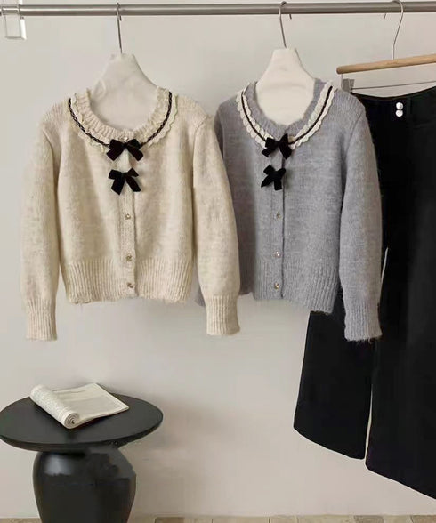 襟レースニットカーディガンリボントップス ハートボタン ガーリーニットトップス長袖 ショート丈秋冬ニットセーター 襟フリルゴールドボタンニット羽織り 丸首 レトロ 6JINGHAN-001