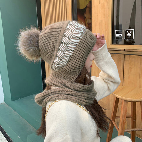 フードウォーマーネックウォーマー2点一体 ニット帽子 ニットマフラー 一体型 フード付マフラー秋冬ストール スノーボード スキー 防寒帽子レディース あったか保温 6JIUS-001