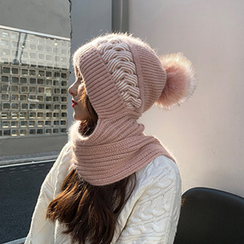 フードウォーマーネックウォーマー2点一体 ニット帽子 ニットマフラー 一体型 フード付マフラー秋冬ストール スノーボード スキー 防寒帽子レディース あったか保温 6JIUS-001