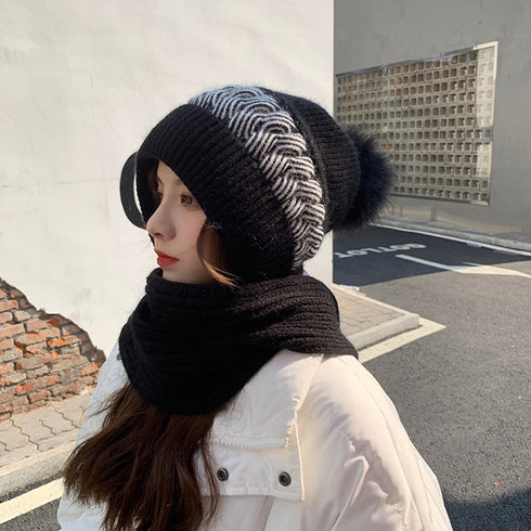 フードウォーマーネックウォーマー2点一体 ニット帽子 ニットマフラー 一体型 フード付マフラー秋冬ストール スノーボード スキー 防寒帽子レディース あったか保温 6JIUS-001