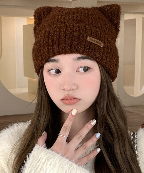 猫耳ビーニー リブニット帽子 レディース 暖かいねこ耳帽子韓国風 秋冬帽子おしゃれ 小顔帽子 シンプル帽子無地 チクチクしない毛糸帽子 防風防寒グッズ プレゼント 6JIUS-003