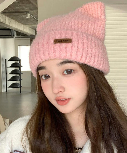 猫耳ビーニー リブニット帽子 レディース 暖かいねこ耳帽子韓国風 秋冬帽子おしゃれ 小顔帽子 シンプル帽子無地 チクチクしない毛糸帽子 防風防寒グッズ プレゼント 6JIUS-003