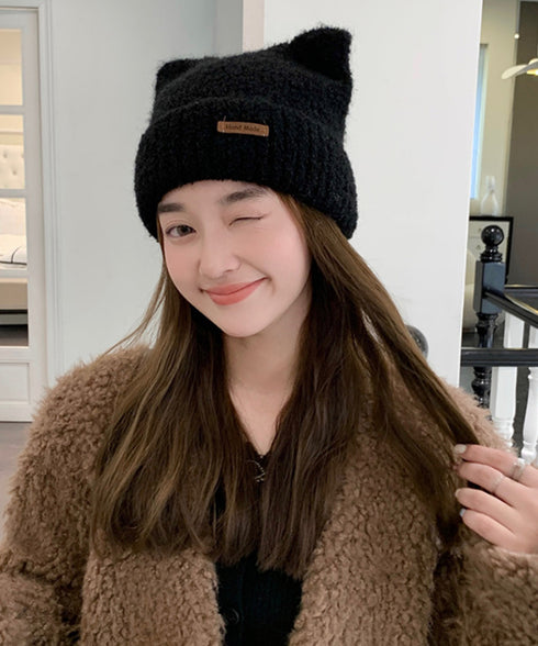 猫耳ビーニー リブニット帽子 レディース 暖かいねこ耳帽子韓国風 秋冬帽子おしゃれ 小顔帽子 シンプル帽子無地 チクチクしない毛糸帽子 防風防寒グッズ プレゼント 6JIUS-003