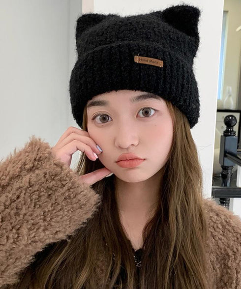 猫耳ビーニー リブニット帽子 レディース 暖かいねこ耳帽子韓国風 秋冬帽子おしゃれ 小顔帽子 シンプル帽子無地 チクチクしない毛糸帽子 防風防寒グッズ プレゼント 6JIUS-003