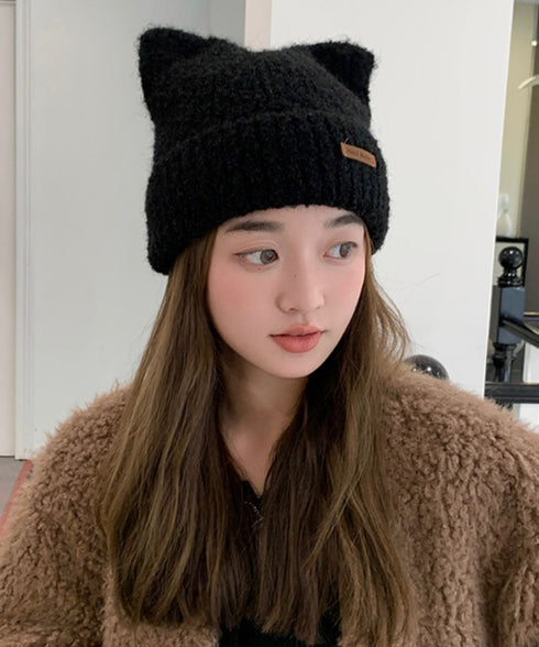猫耳ビーニー リブニット帽子 レディース 暖かいねこ耳帽子韓国風 秋冬帽子おしゃれ 小顔帽子 シンプル帽子無地 チクチクしない毛糸帽子 防風防寒グッズ プレゼント 6JIUS-003