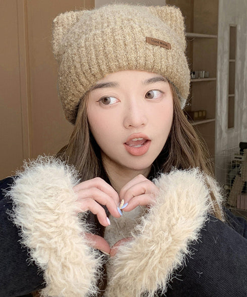 猫耳ビーニー リブニット帽子 レディース 暖かいねこ耳帽子韓国風 秋冬帽子おしゃれ 小顔帽子 シンプル帽子無地 チクチクしない毛糸帽子 防風防寒グッズ プレゼント 6JIUS-003