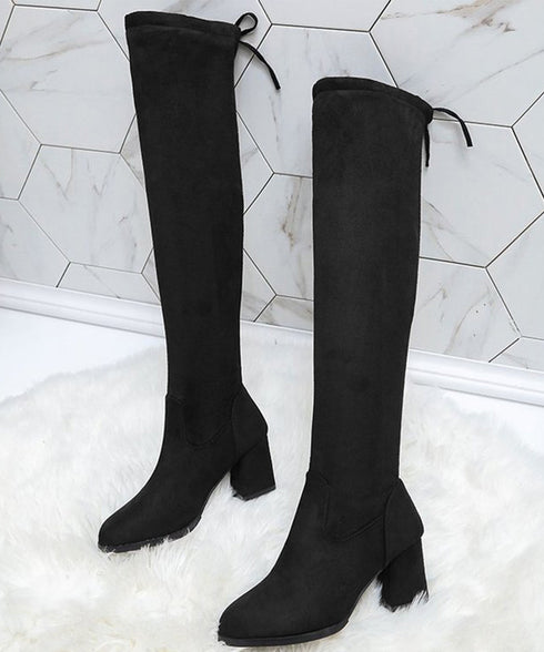 ニーハイブーツ レディース ロングブーツ スエード調 ストレッチ 膝上ブーツ 歩きやすい チャンキーヒール秋冬靴 美脚脚長ブーツ 裏起毛防寒あったかブーツ 細見せ 6JLONG-004