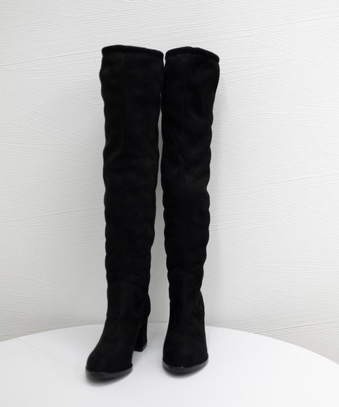 ニーハイブーツ レディース ロングブーツ スエード調 ストレッチ 膝上ブーツ 歩きやすい チャンキーヒール秋冬靴 美脚脚長ブーツ 裏起毛防寒あったかブーツ 細見せ 6JLONG-004