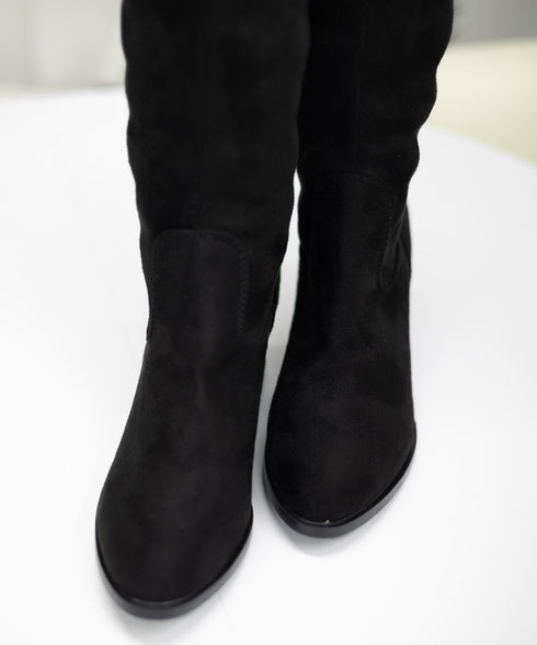 ニーハイブーツ レディース ロングブーツ スエード調 ストレッチ 膝上ブーツ 歩きやすい チャンキーヒール秋冬靴 美脚脚長ブーツ 裏起毛防寒あったかブーツ 細見せ 6JLONG-004