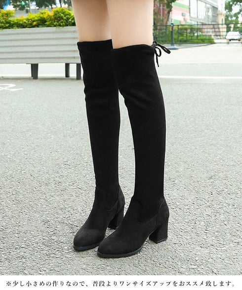 ニーハイブーツ レディース ロングブーツ スエード調 ストレッチ 膝上ブーツ 歩きやすい チャンキーヒール秋冬靴 美脚脚長ブーツ 裏起毛防寒あったかブーツ 細見せ 6JLONG-004