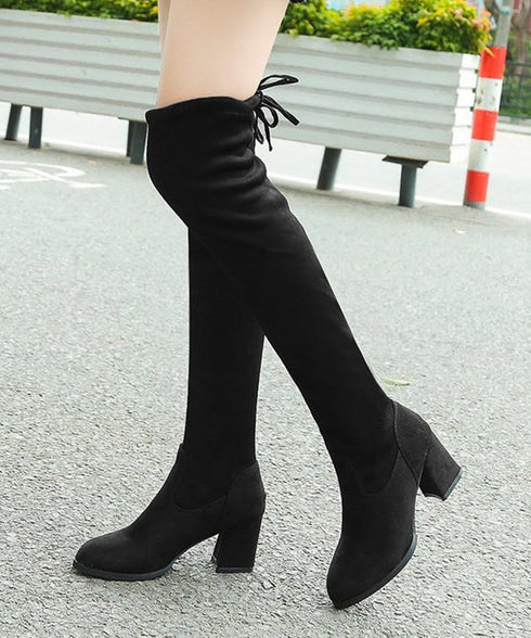 ニーハイブーツ レディース ロングブーツ スエード調 ストレッチ 膝上ブーツ 歩きやすい チャンキーヒール秋冬靴 美脚脚長ブーツ 裏起毛防寒あったかブーツ 細見せ 6JLONG-004