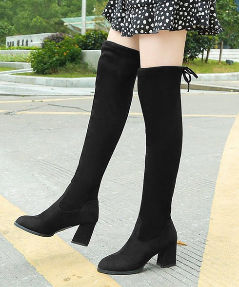 ニーハイブーツ レディース ロングブーツ スエード調 ストレッチ 膝上ブーツ 歩きやすい チャンキーヒール秋冬靴 美脚脚長ブーツ 裏起毛防寒あったかブーツ 細見せ 6JLONG-004