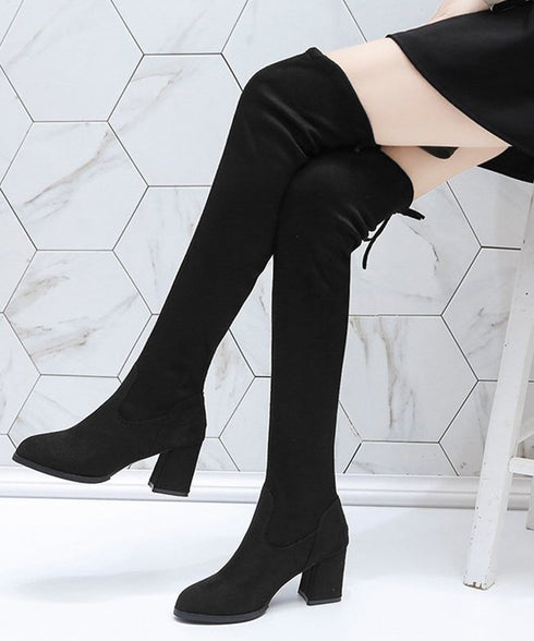 ニーハイブーツ レディース ロングブーツ スエード調 ストレッチ 膝上ブーツ 歩きやすい チャンキーヒール秋冬靴 美脚脚長ブーツ 裏起毛防寒あったかブーツ 細見せ 6JLONG-004