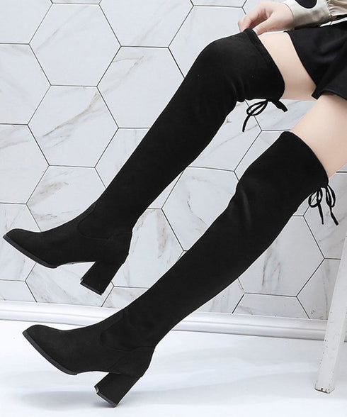ニーハイブーツ レディース ロングブーツ スエード調 ストレッチ 膝上ブーツ 歩きやすい チャンキーヒール秋冬靴 美脚脚長ブーツ 裏起毛防寒あったかブーツ 細見せ 6JLONG-004