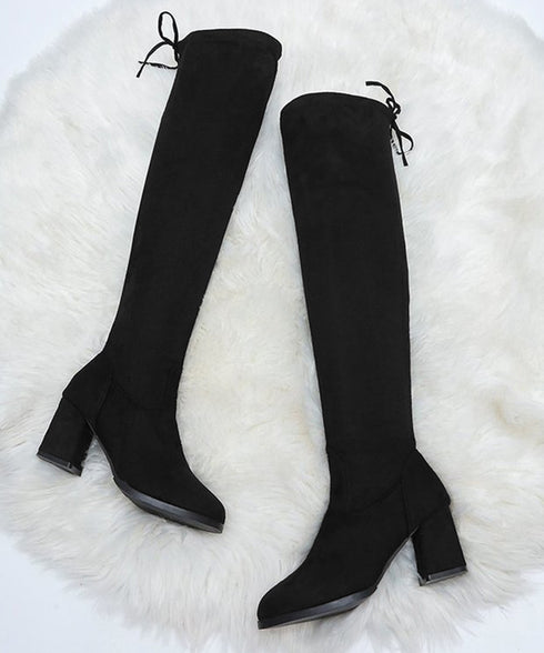 ニーハイブーツ レディース ロングブーツ スエード調 ストレッチ 膝上ブーツ 歩きやすい チャンキーヒール秋冬靴 美脚脚長ブーツ 裏起毛防寒あったかブーツ 細見せ 6JLONG-004