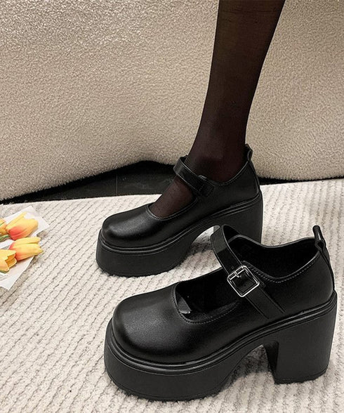 厚底ローファー 韓国風ストラップパンプス 太ヒール 歩きやすい ドレスシューズ 履きやすい ラウンドトゥシューズ フォーマル靴 通勤通学 お嬢様パンプス黒 学院風 6JLONG-006