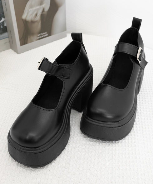 厚底ローファー 韓国風ストラップパンプス 太ヒール 歩きやすい ドレスシューズ 履きやすい ラウンドトゥシューズ フォーマル靴 通勤通学 お嬢様パンプス黒 学院風 6JLONG-006