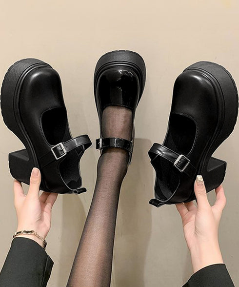 厚底ローファー 韓国風ストラップパンプス 太ヒール 歩きやすい ドレスシューズ 履きやすい ラウンドトゥシューズ フォーマル靴 通勤通学 お嬢様パンプス黒 学院風 6JLONG-006