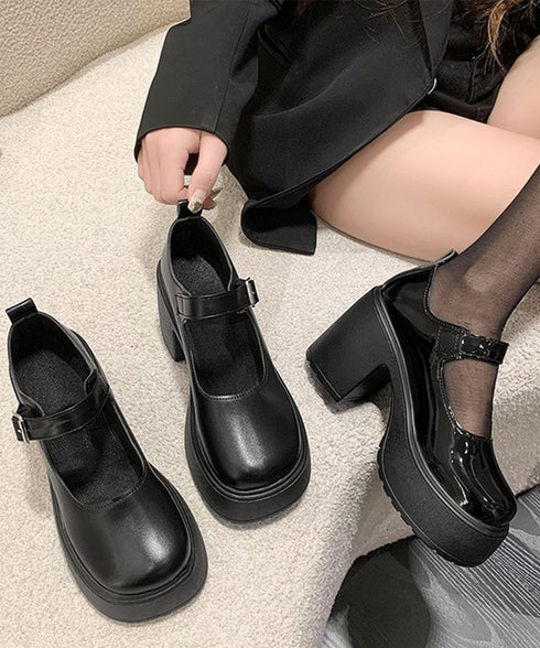 厚底ローファー 韓国風ストラップパンプス 太ヒール 歩きやすい ドレスシューズ 履きやすい ラウンドトゥシューズ フォーマル靴 通勤通学 お嬢様パンプス黒 学院風 6JLONG-006