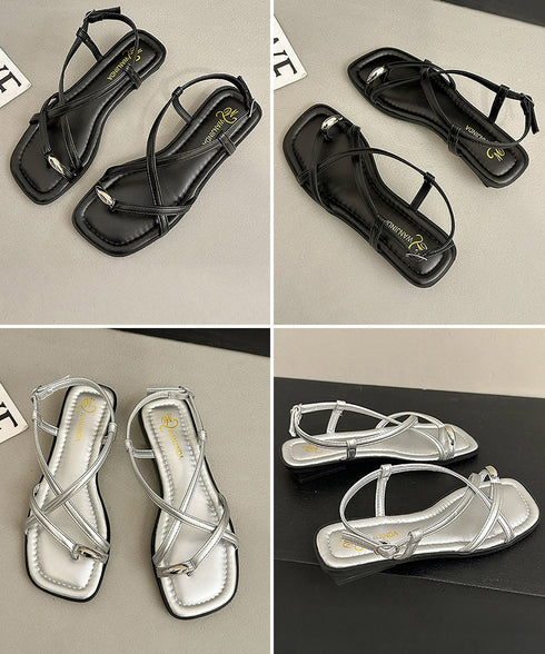 サムリングサンダル クロスストラップ夏靴 レディース 歩きやすいフラットシューズ痛くない 軽量バックストラップサンダル韓国風親指リングサンダル きれいめカジュアル 6JLONG-013