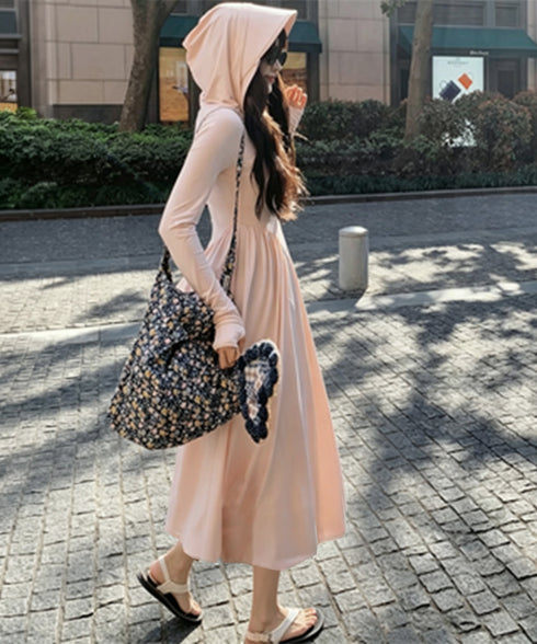 ラッシュガードレディース 着る日焼け止め UVウェアラッシュパーカー サンバイザー付き パーカーワンピ 涼しい 薄手アウター 体型カバー ロングパーカー紫外線対策 6KAIHUIYI-001