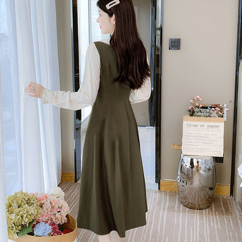 レイヤード風 ロングワンピース 長袖韓国 レディース 大人可愛い Vネック フレアワンピース 異素材切り替え 長袖ワンピ 春秋冬 aラインワンピー ウエストタック 6KMIER-002