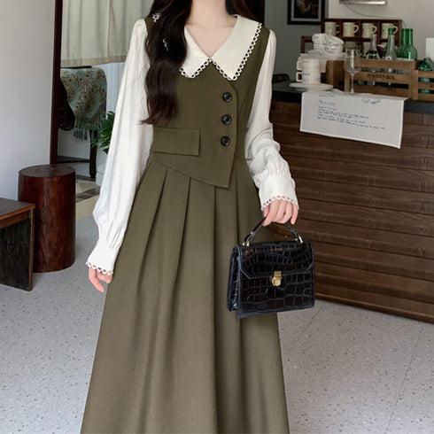 レイヤード風 ロングワンピース 長袖韓国 レディース 大人可愛い Vネック フレアワンピース 異素材切り替え 長袖ワンピ 春秋冬 aラインワンピー ウエストタック 6KMIER-002