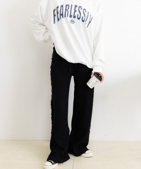 サイドフリンジ リブニットパンツ 暖かい きれいめロングパンツ レディース ウエストゴムスラックス美脚脚長 ハイウエスト楽ちんパンツ セミワイドパンツ カジュアル 6KNING-001