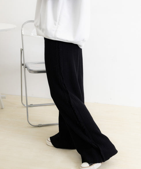 サイドフリンジ リブニットパンツ 暖かい きれいめロングパンツ レディース ウエストゴムスラックス美脚脚長 ハイウエスト楽ちんパンツ セミワイドパンツ カジュアル 6KNING-001