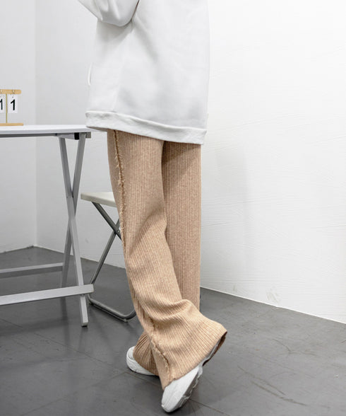サイドフリンジ リブニットパンツ 暖かい きれいめロングパンツ レディース ウエストゴムスラックス美脚脚長 ハイウエスト楽ちんパンツ セミワイドパンツ カジュアル 6KNING-001