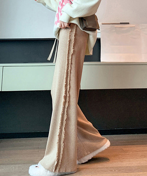 サイドフリンジ リブニットパンツ 暖かい きれいめロングパンツ レディース ウエストゴムスラックス美脚脚長 ハイウエスト楽ちんパンツ セミワイドパンツ カジュアル 6KNING-001