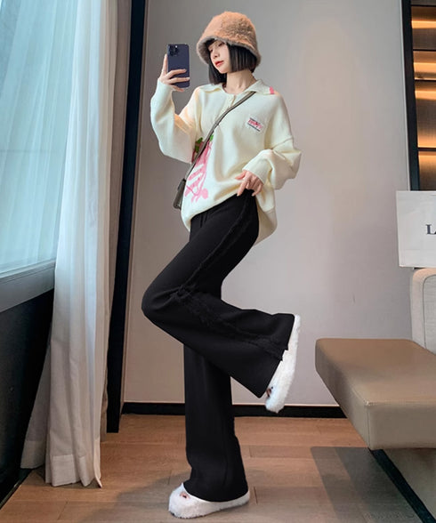 サイドフリンジ リブニットパンツ 暖かい きれいめロングパンツ レディース ウエストゴムスラックス美脚脚長 ハイウエスト楽ちんパンツ セミワイドパンツ カジュアル 6KNING-001