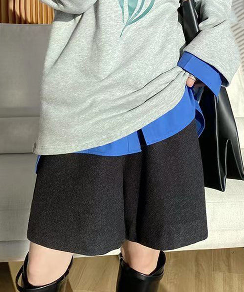 ウール風ハーフパンツ5分丈ワイドパンツ レディース ハイウエストショートパンツ ウエストゴム 無地半ズボン オフィスカジュアル シンプルショーパン 着やせ春秋冬 6KUYIN-001