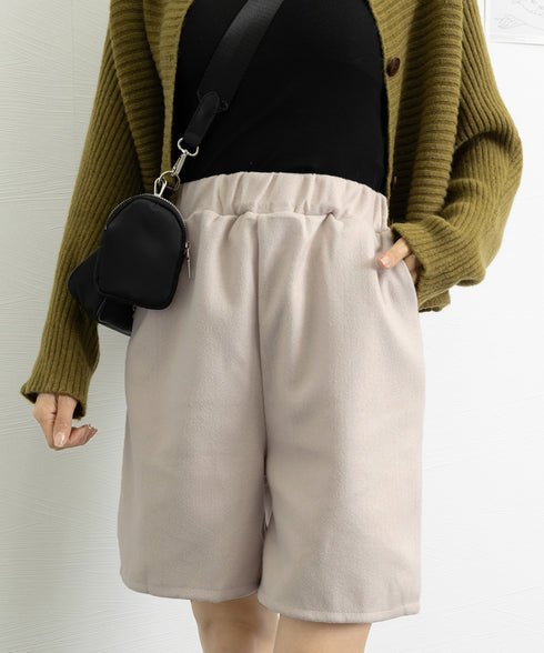 ウール風ハーフパンツ5分丈ワイドパンツ レディース ハイウエストショートパンツ ウエストゴム 無地半ズボン オフィスカジュアル シンプルショーパン 着やせ春秋冬 6KUYIN-001